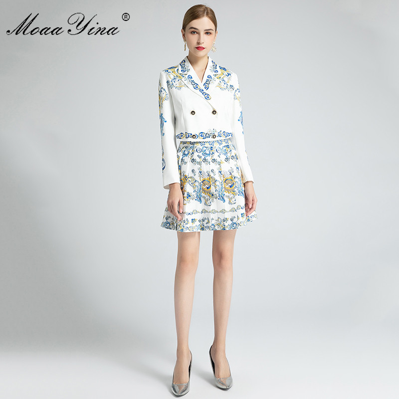 Fashion Set Spring Autumn Women's Long sleeve Double breasted Baroque Print Short jacket+Pleated skirt Two-piece set 210524