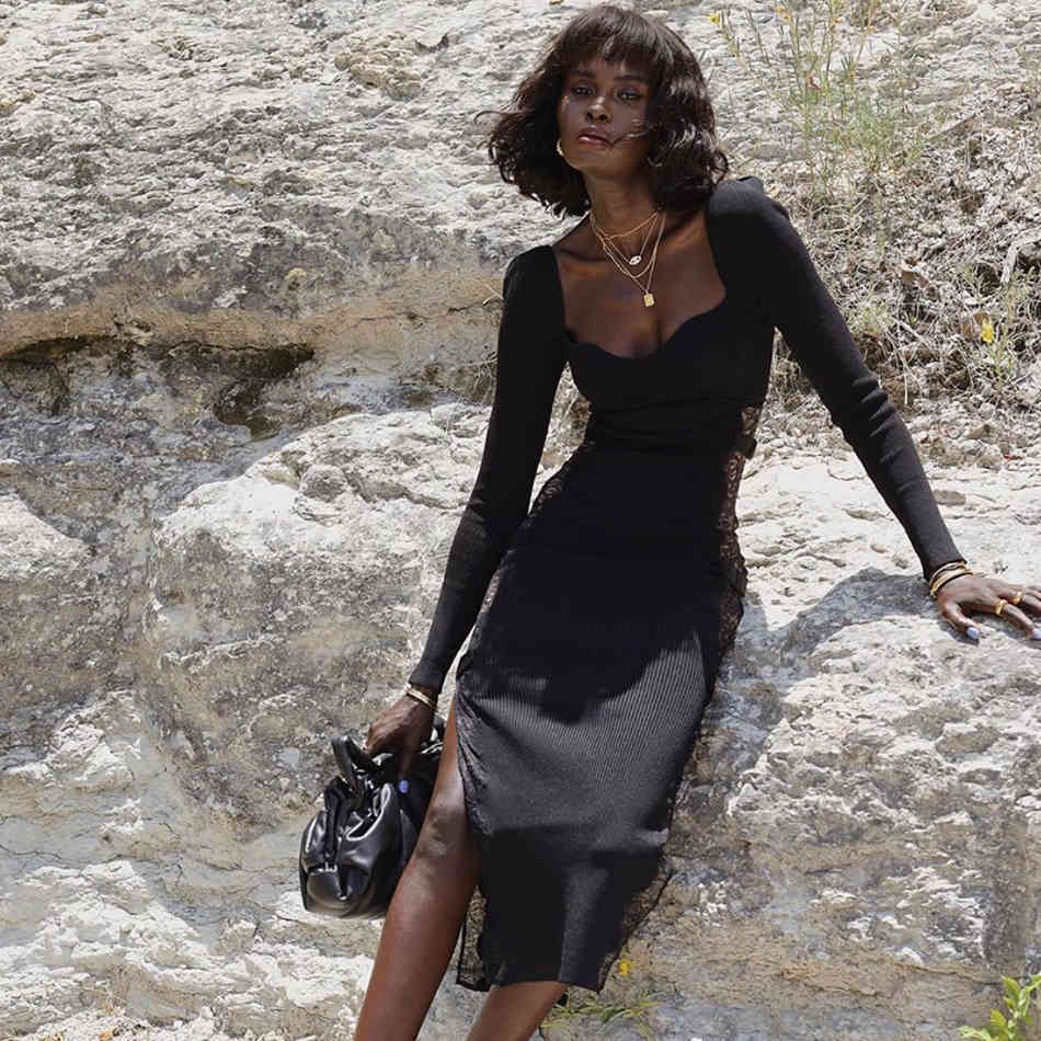 Winter Long Sleeve Lace Bandage Dress Women Sexy Hollow Out Black Bodycon Celebrity Evening Runway Party Dresses 210423