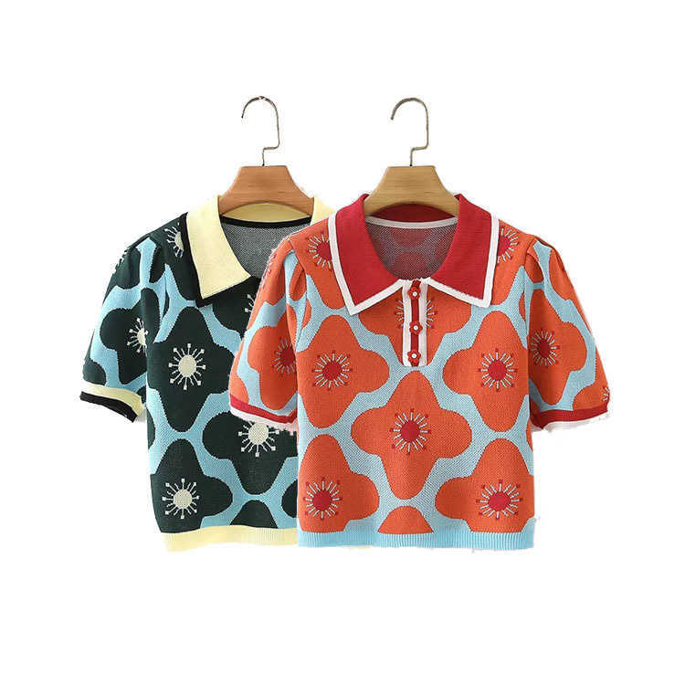 OMCHION College Style Lapel Crocheted Flower Sweater Top 2021 Summer Y2K Short Sleeve Chic Women's Loose T-shirt Knitwear BE43 Y0621