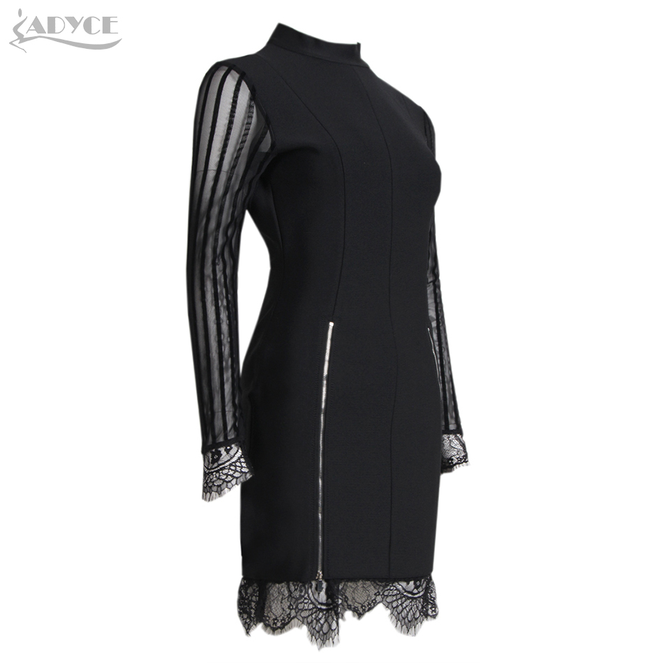 Winter Women Black Lace Backless Mini Club Bandage Dress Sexy Long Sleeve Celebrity Evening Party Bodycon Dresses 210423