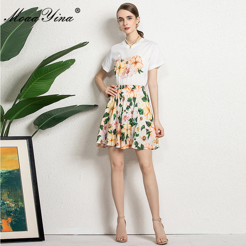 Summer Vintage Floral print Short Skirts Set Women Casual White T-Shirt and Two Pieces Suit 210524