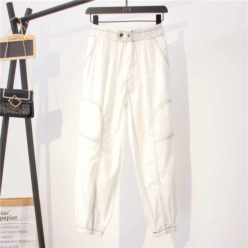 Solid Elastic Waist Beam Feet Baggy Pants for Women Cotton Long Casual High Cargo Loose 10654 210518