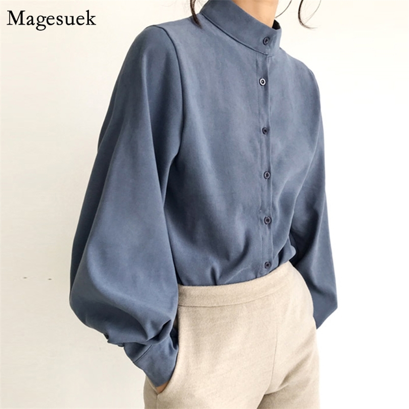Women Shirt Blouses Lantern Long Sleeve Plus Size Solid Stand Collar Casual Blouse For Blusas 2516 210512