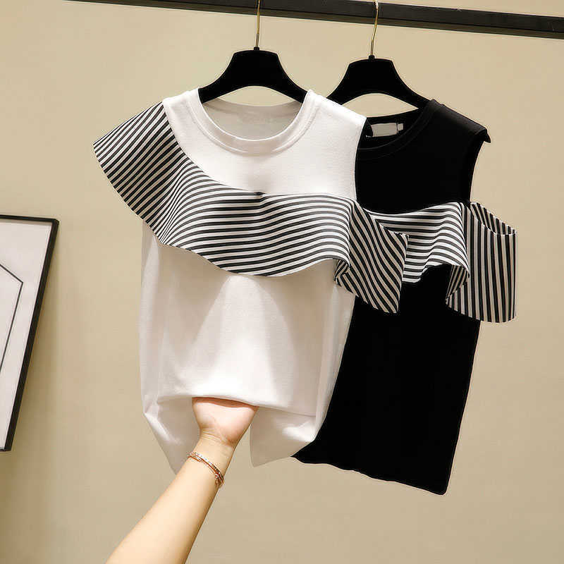 Off Shoulder Tops Women Korean-style Summer Wild Cotton Ladies Shirts Stripes Casual Fashion Female 210615