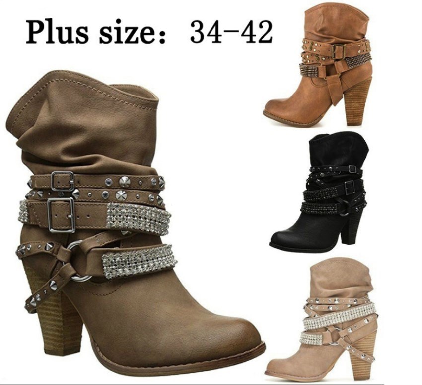 autumn and winter fashion thick high heels round head short boots riveted large women's sho, Black
autumn and winter fashion thick high heels round head short boots riveted large women's sho, Black