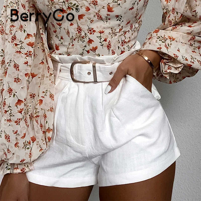 BerryGo White cotton high waist women shorts Summer ruffled belt female short bottoms Fashion short pants streetwear Shorts 210611