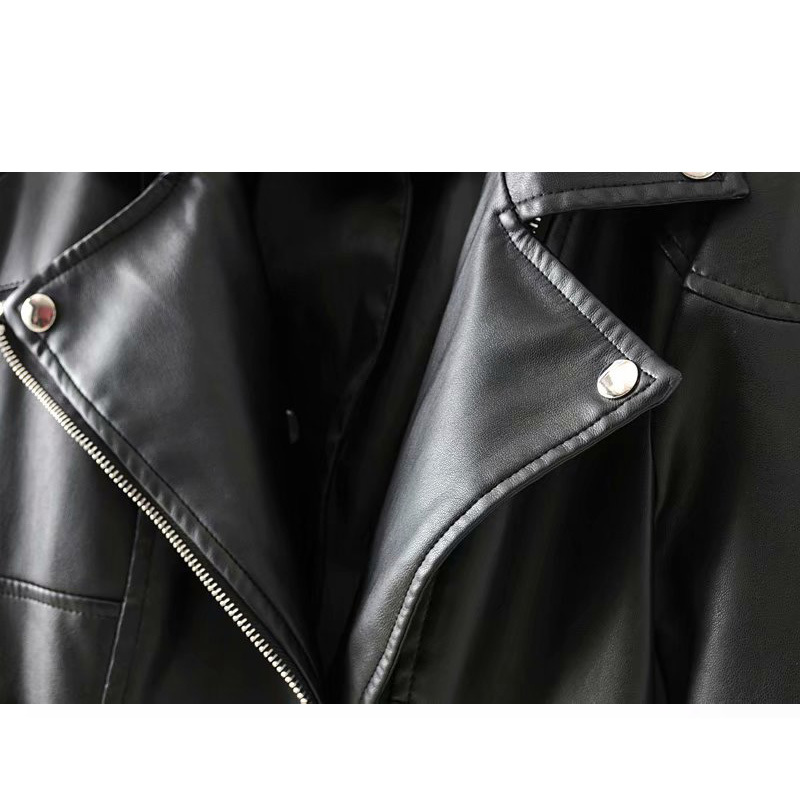 Elegant women's autumn irregular locomotive pu leather short jacket long sleeve black color female jacket 210507