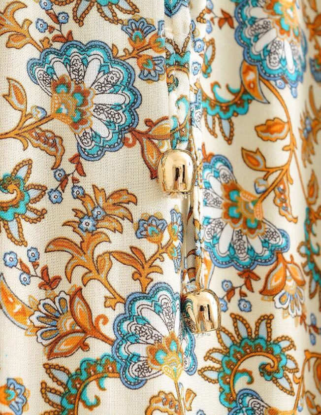 Bohemia Stream Buttons V neck Floral Print Long Sleeve BOHO Dress Woman Bandage Lacing up Waist Mid Calf Holiday Dresses 210429