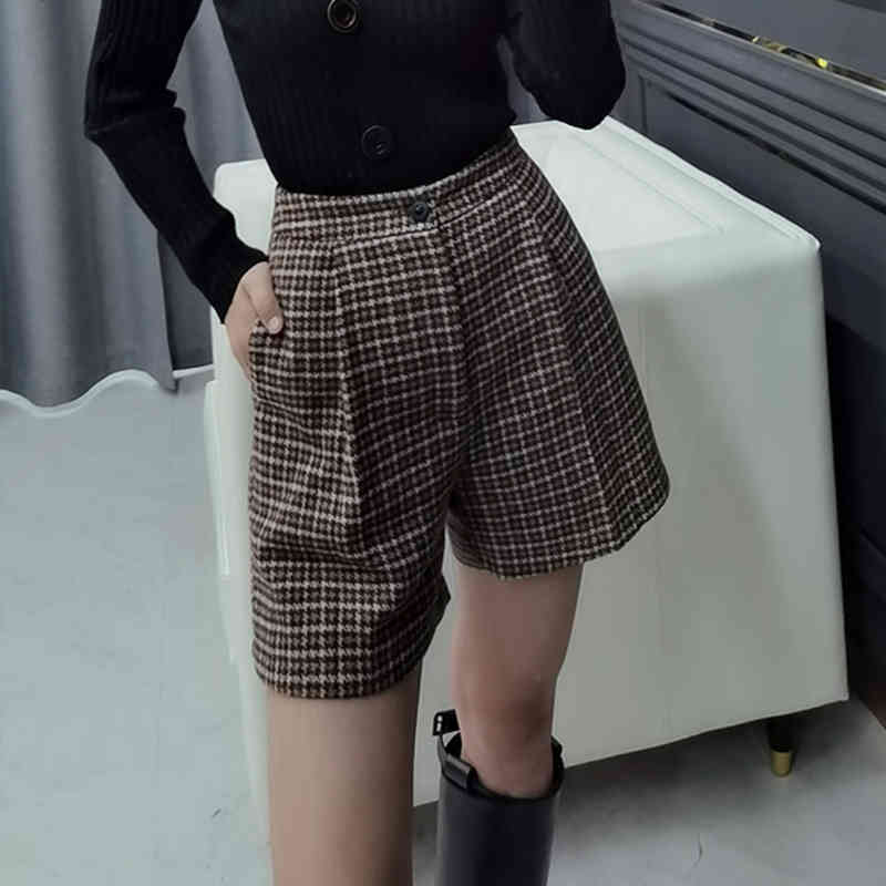 Plaid Tweed Casual Pants For Women High Waist Straight Wide Leg Trousers Female Fashion Autumn Clothing 210521
