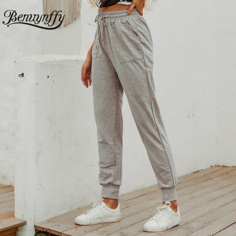 Gray Pocket High Waist Sweatpants Women Summer Drawstring Elastic Sporty Joggers Streetwear Casual Ladies Pants 210510