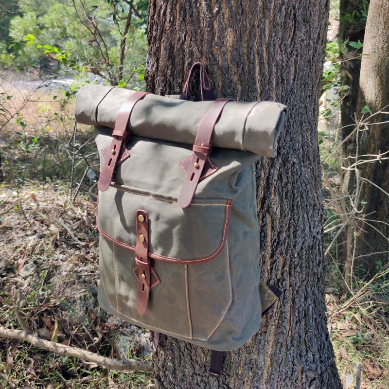 Roll Top Backpack Leather Waxed Canvas Retro Hiking Bag Anti Theft Travel Waterproof Men Laptop Bags