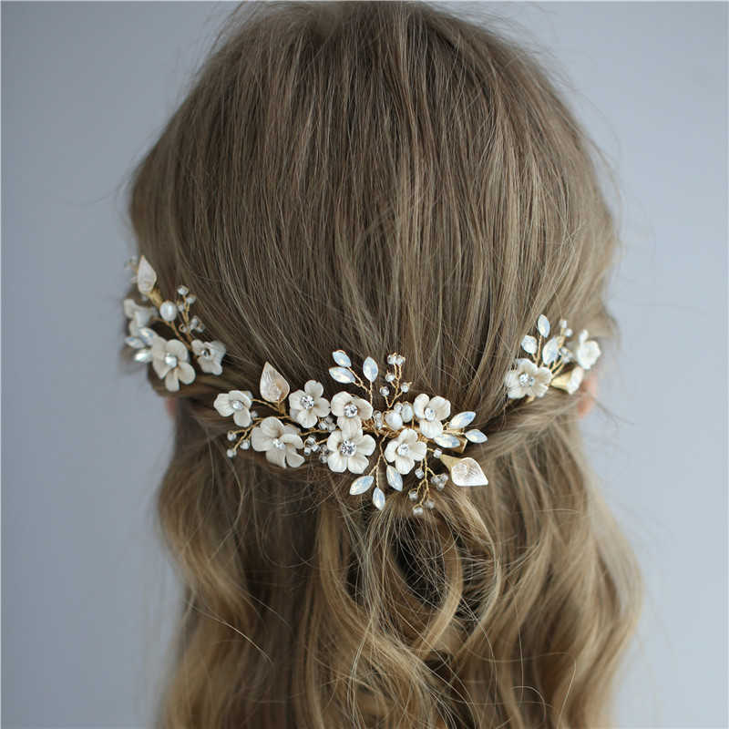 Ins Sell Delicate Porcelain Flower Wedding Hair Jewelry Ceramic Floral Bridal Comb Pins Handmade Women Prom Headpiece 210707