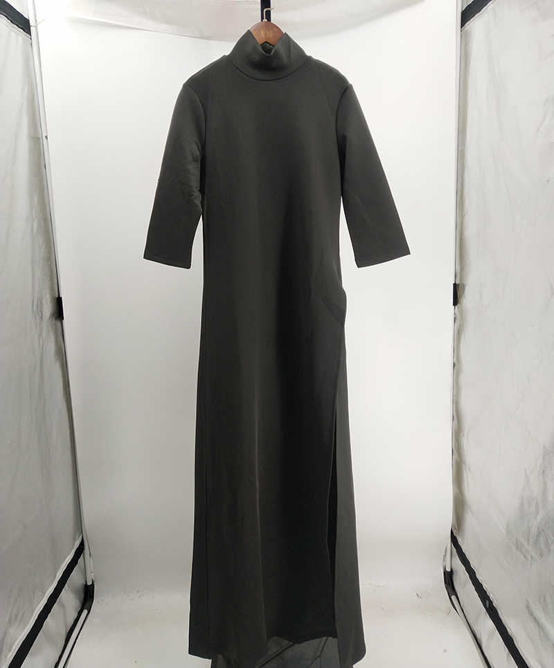 SHENGPALAE Spring Fashion Black Turtleneck Three Quarter Sleeve Split Hem Woman Floor-length Dress Female SC312 210630