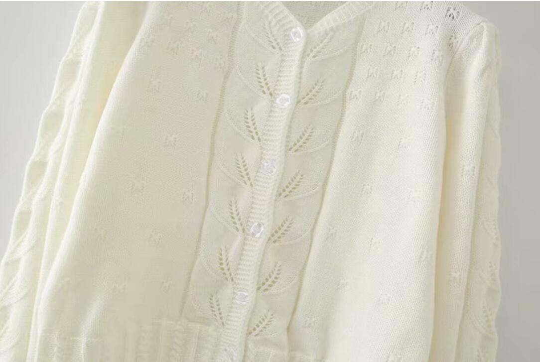 Vintage Women Knitted cardigan France Style Hollow Out Cream Twist Sweater Long Sleeve Knitwear 210429