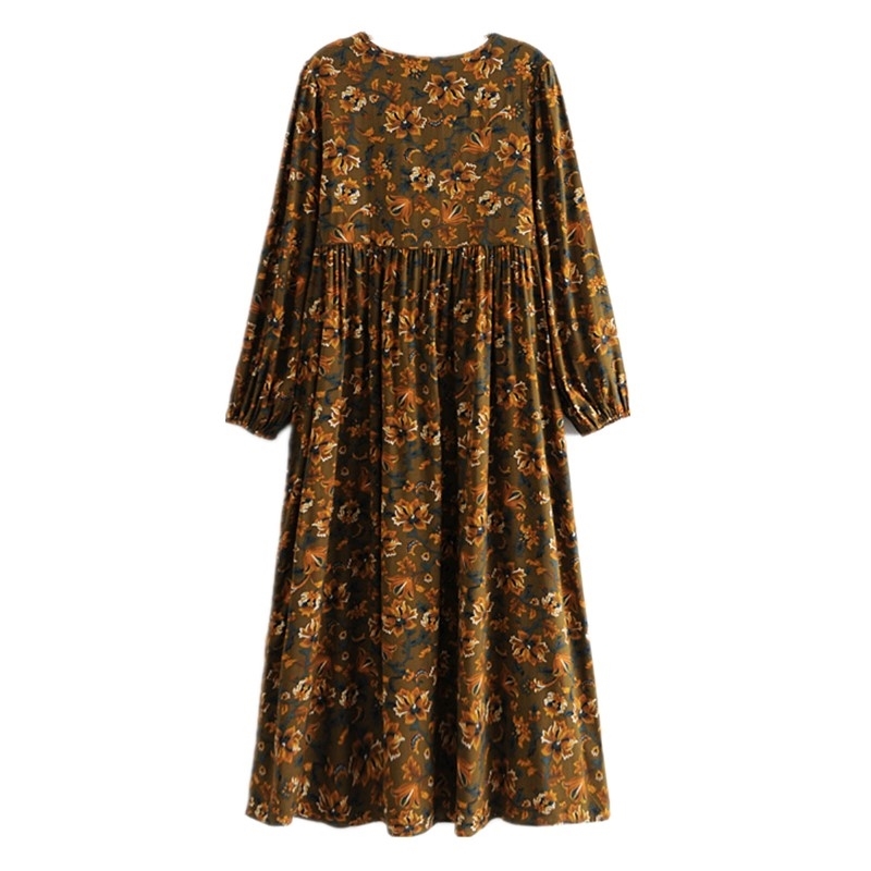 BOHO Lacing up V neck Floral Print Dress Coffee Ethnic Woman Bandage Maxi Long Cotton Sleeve Dresses Holiday Vestido 210429