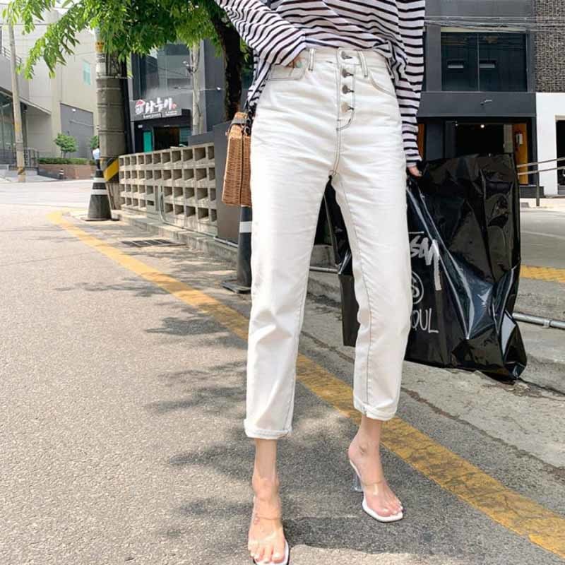 Women's Classic Allmatch Elastic White Straight Casual Pants Autumn Woman Jeans Korean Style for Women 10417 210518