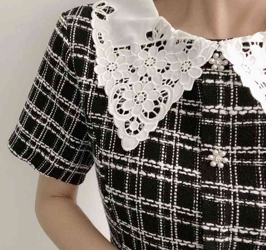 Neploe Vintage Dress Women Lace Peter Pan Collar Patchwork Korean Vestidos Single Breasted Slim Waist Short Sleeve Plaid Dresses 210422