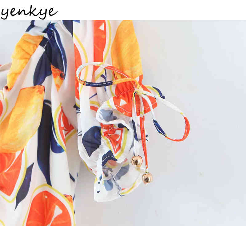 Multicolor Fruit Print Summer Dress Women Front Drawstring Sexy V Neck Short Sleeve A-line Mini Prairie Chic Robe 210430