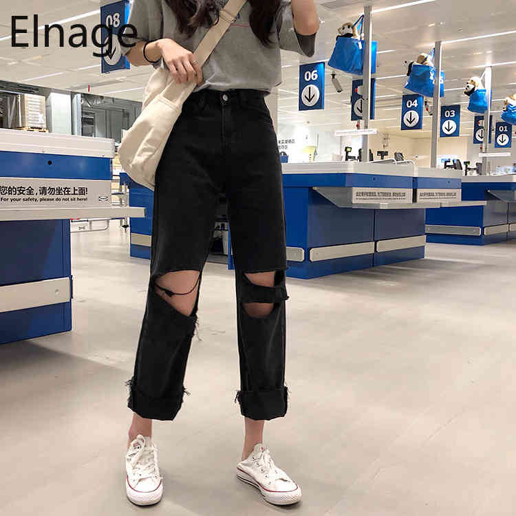 Pantalon Black Hole Jeans Women Straight Loose Korean High Waist Denim Pants Slim Wide Leg Trousers Ripped 5B137 210429