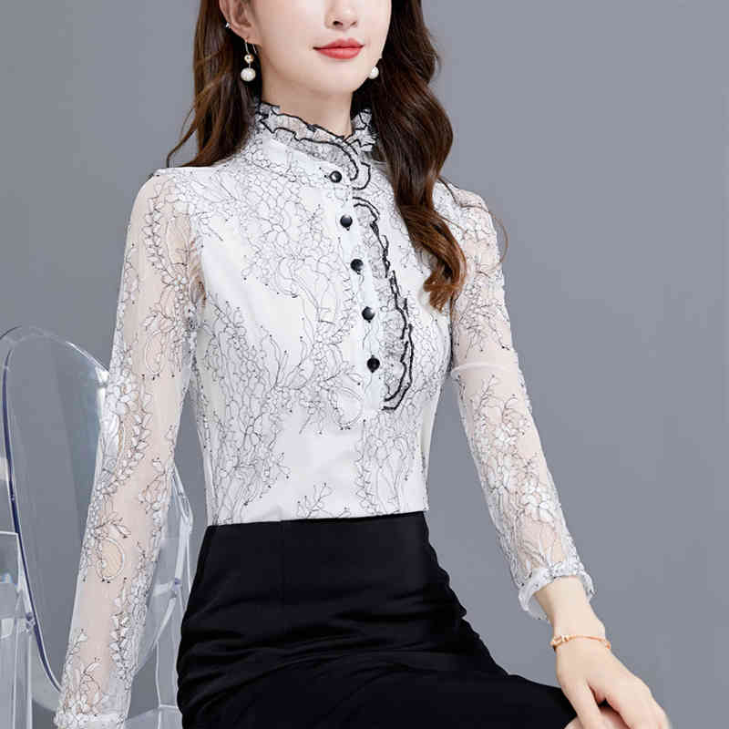 Autumn Fashion Long Sleeve Stand-Collar Lace Woman's Blouses All-match White Slim Shirt See Through Ol Style 10766 210518