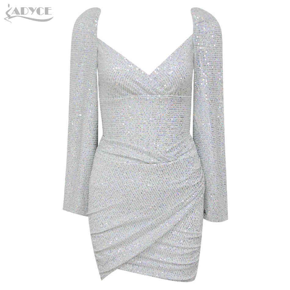 Women Winter Long Sleeve Silver Sequins 2 Two Pieces Sets V Neck Tops& Mini Skirts Club Celebrity Evening Party 210423