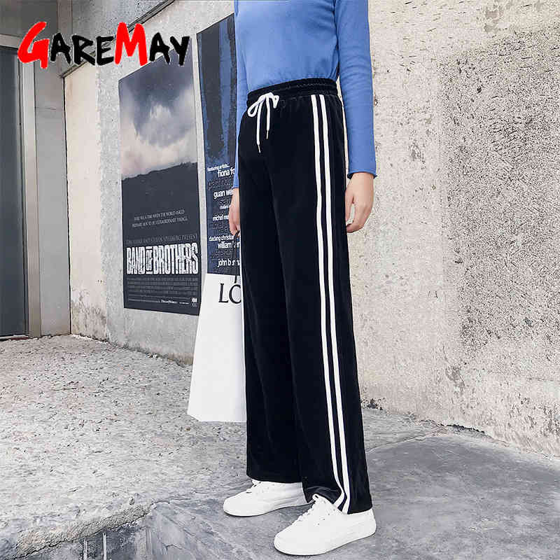 Gold Velvet Wide Leg Pants Women's High Waist Straight Floor Length Pant Loose Casual Sports Trousers Large Women Wear 210428