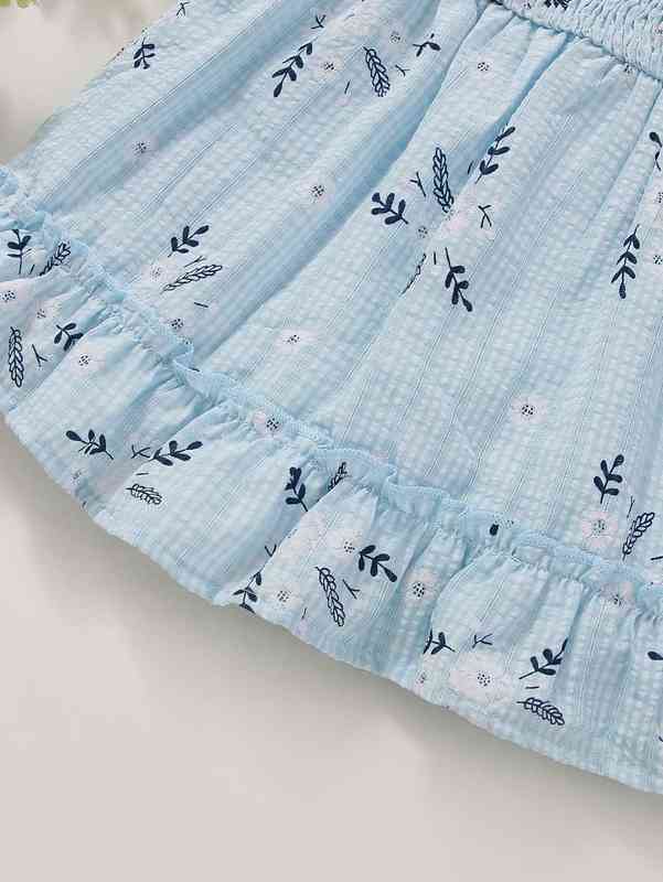 Baby Floral Print Textured Shirred Puff Sleeve Ruffle Hem Dress SHE