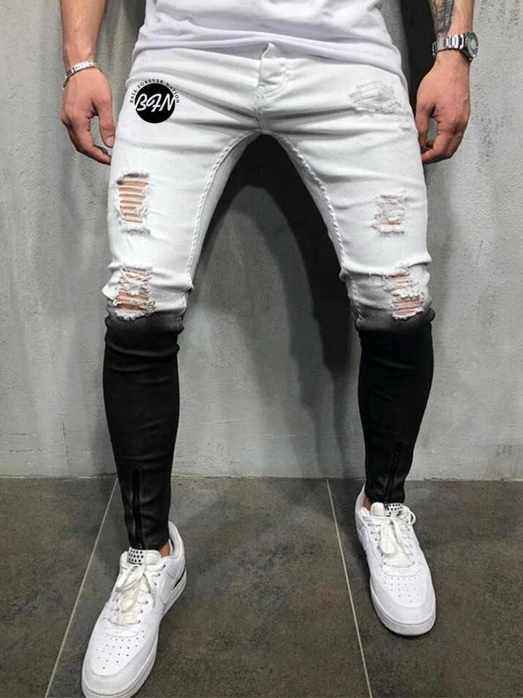 Springtime Men's Skinny Stretch Ripped Male Jeans Slim Fit Denim Trousers Streetwear Gradient White Black Jogging Jeans Men X0621