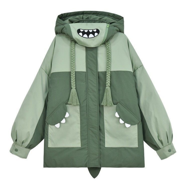 Kawaii Winter Padded Coat Funny Monster Hooded Parkas Harajuku Puffer Jacket Streetwear Bawting Sleeve Parka Jackets 210422