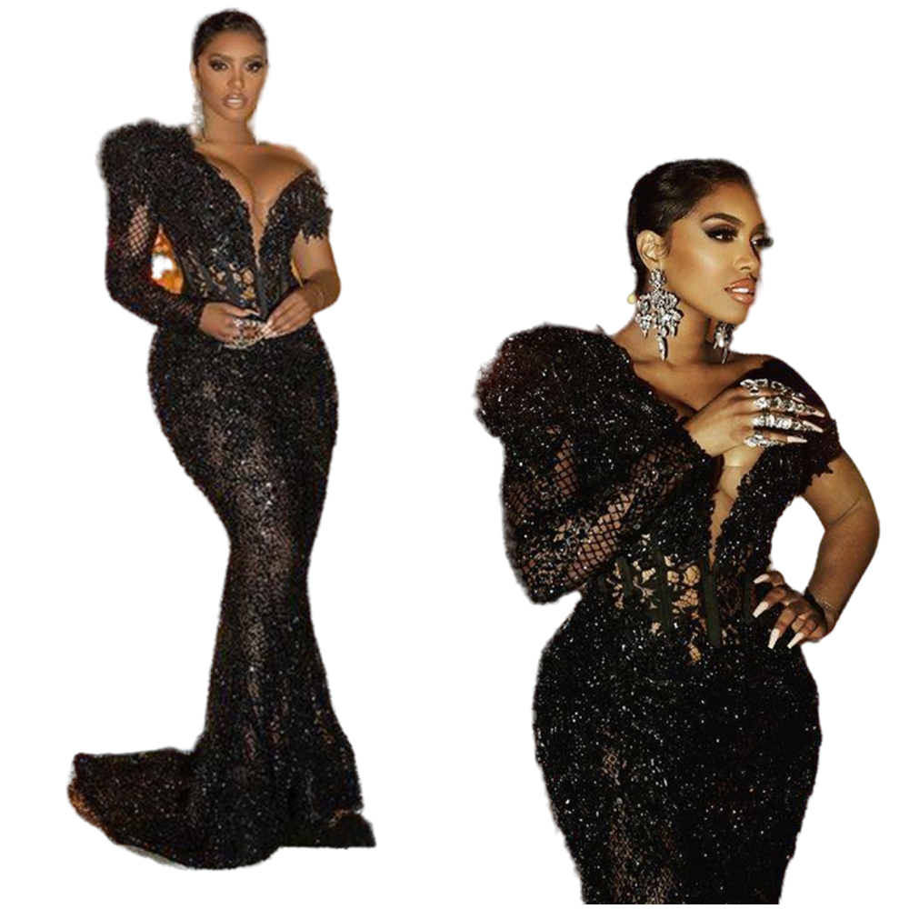 Modern Black Lace Mermaid Evening Dresses Cap Sleeve Single Long Sleeve Beaded Formal Occasion Gowns African Arabic Women Sexy See Through Trumpet Pro