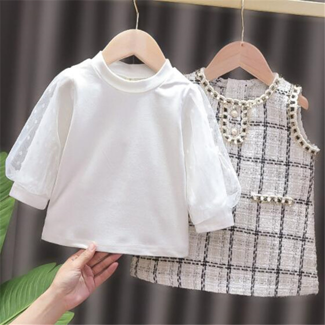 New Fashion Sweet Girls Dresses Kids Princess Overall Dress+Long Sleeve Tops Blouse 2pcs Children Baby Infant Clothes Set