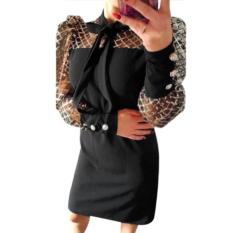 Fashion Women Ladies Sexy Solid Sequined Long Mesh Sleeve Bodycon Slim Mini Dress Summer Clothes Casual Dresses