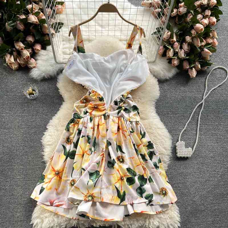 Fashion Ruffles Ruched Spaghetti Strap Cotton Dress Women Square Collar Backless Floral Print Ball Gown Pleats Summer Dress 210515