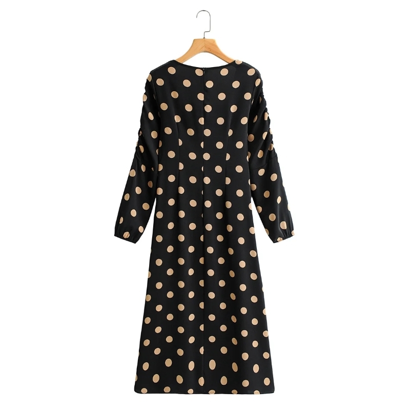 Spring Women Polka Dot Printing Side Slit Midi Dress Female Square Collar Long Sleeve Clothes Casual Lady Vestido D7197 210430