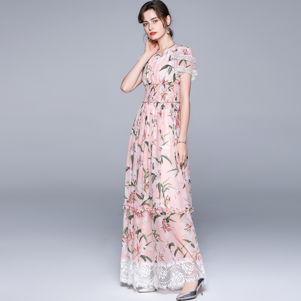 Women Summer Dress Sweet Floral Print Lace Patchwork Chiffon Long Dress Vintage Ladies Elegant High Waist Holiday Maxi Dress 210518