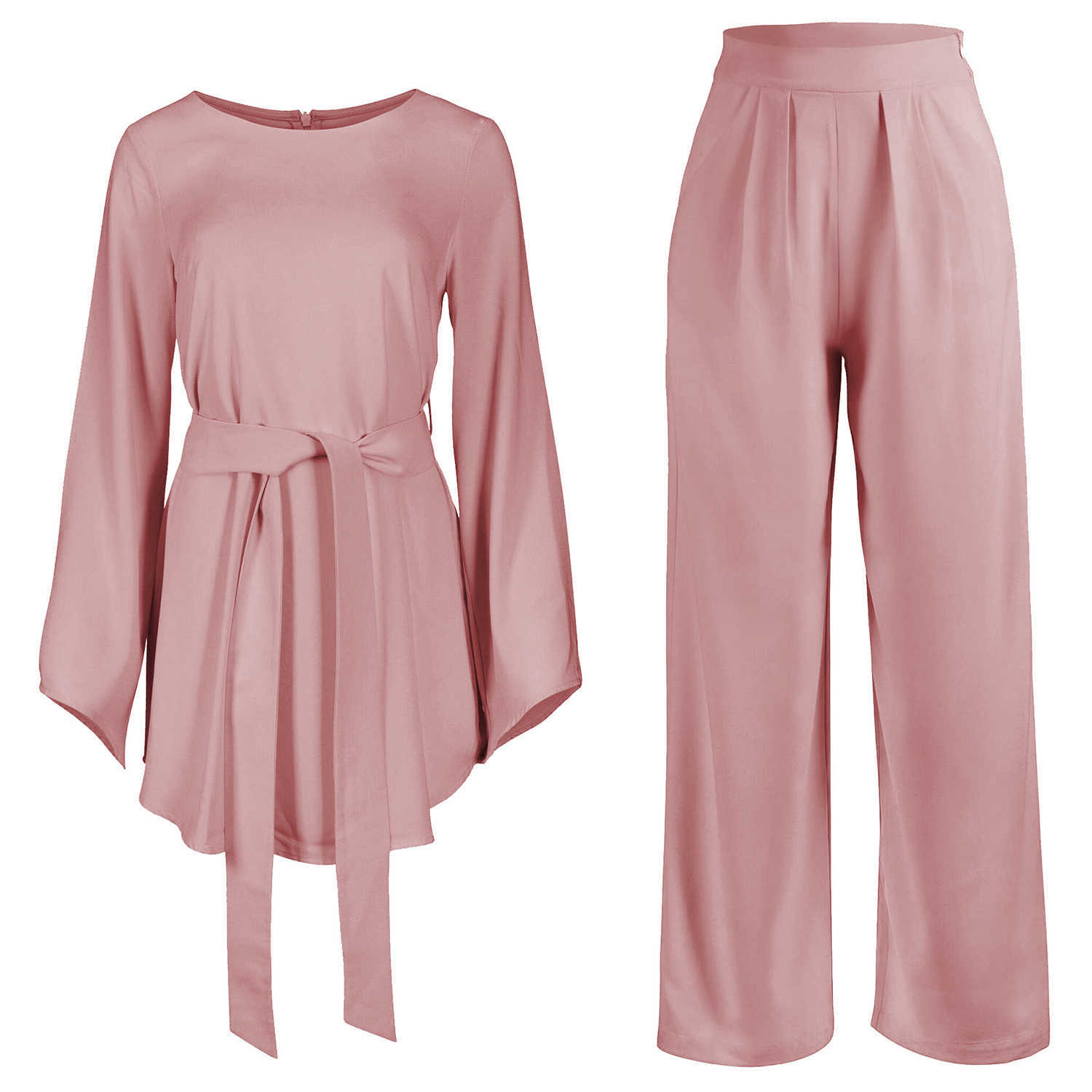 Two Piece Set Blouse and Wide Leg Pants Women Dubai Muslim Abaya Lace-up Solid Kaftan Ladies Islam Turkish Islamic Clothing Sets Y0625
