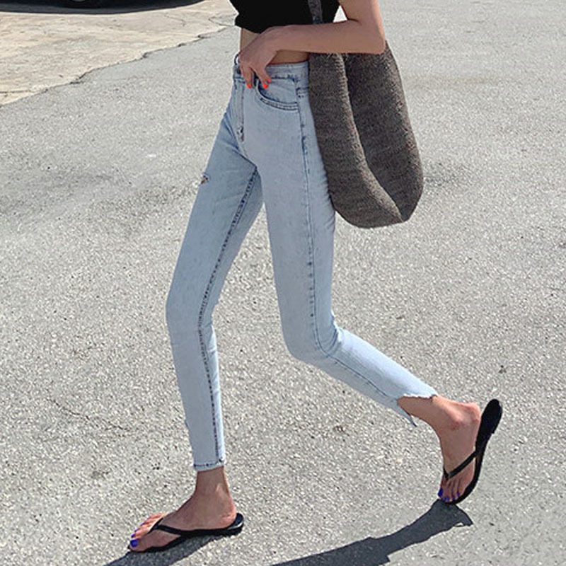 Fall Women Trousers Streetwear High Waist Stretch Skinny Jeans Pants Split Cuff Ripped Hole Female Pencil 10397 210518