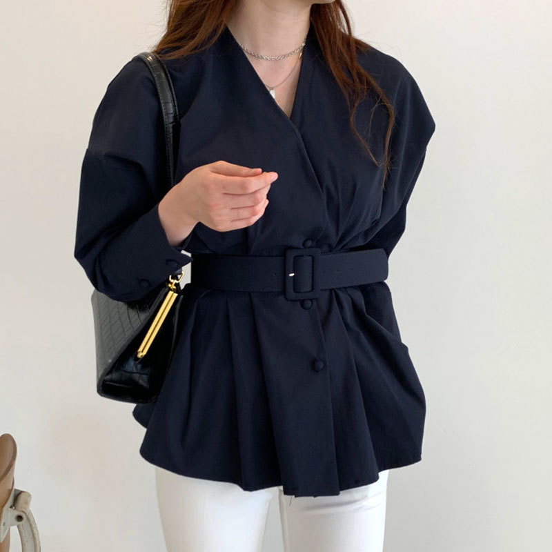 Wohern Korean Ins Elegant Long Sleeve Blouse with Belt Office Lady Casual Slim Waist Puff Ruffle Shirt Chic Blusas Autumn 210519