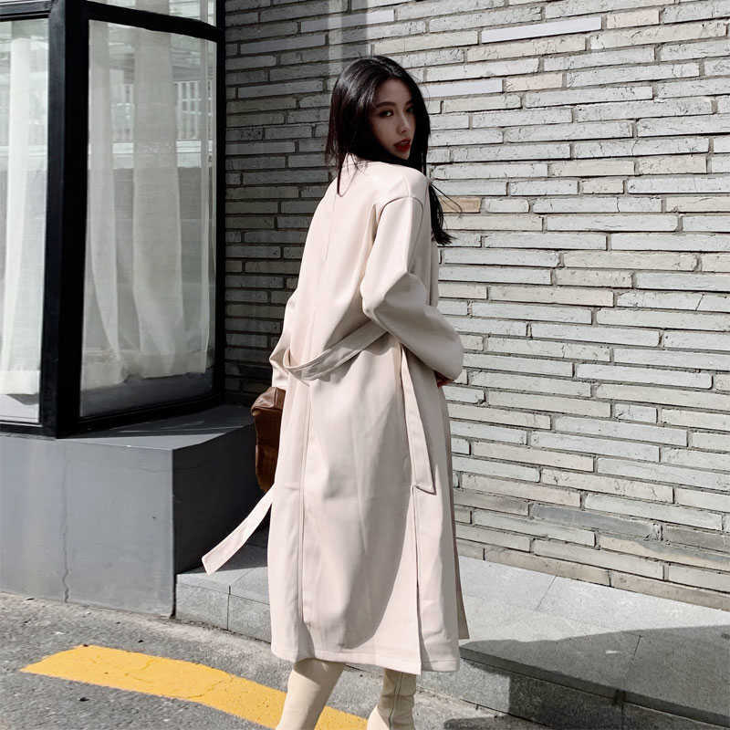 Fitaylor PU Leather Long Jacket Spring Women Loose Belt Faux Leather Windbreaker Trench Coat Slim Spring Jacket 210909