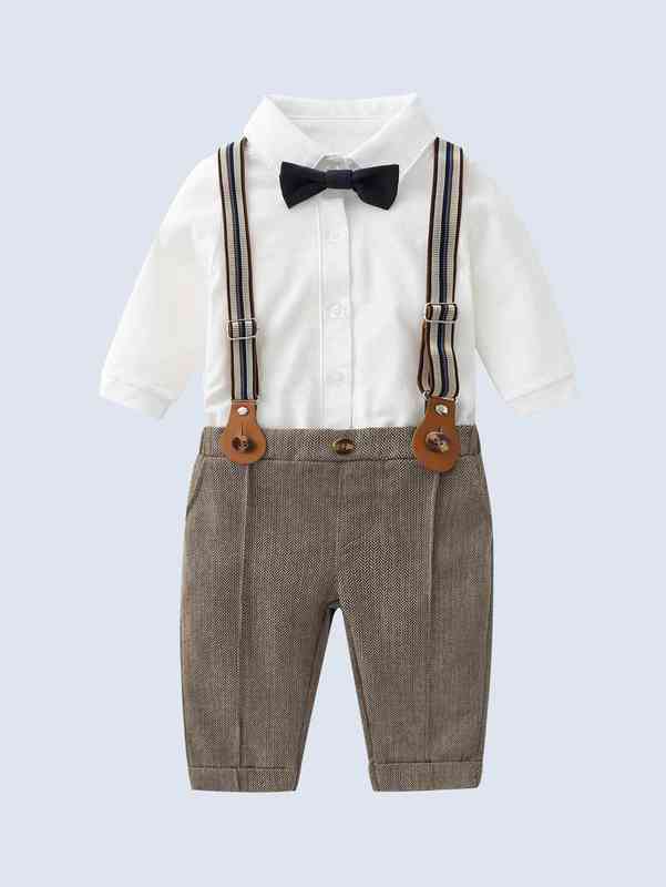 Baby Button Front Blazer Vest & Bow Front Shirt & Overall Jumpsuit With Hat SHE