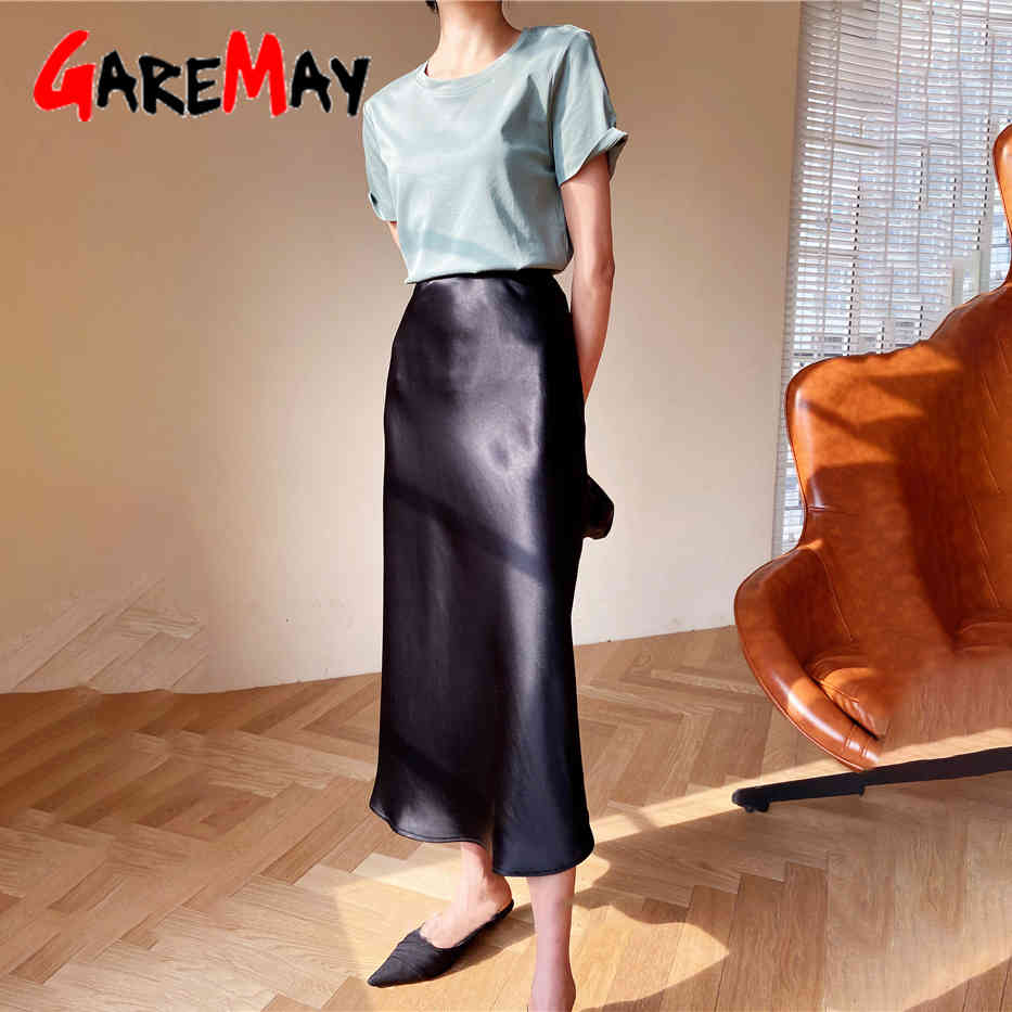 Women's Summer Skirt Office High Waist Green 2 Piece Set s Straight Silk Satin Midi and Top for Women Purple 210428