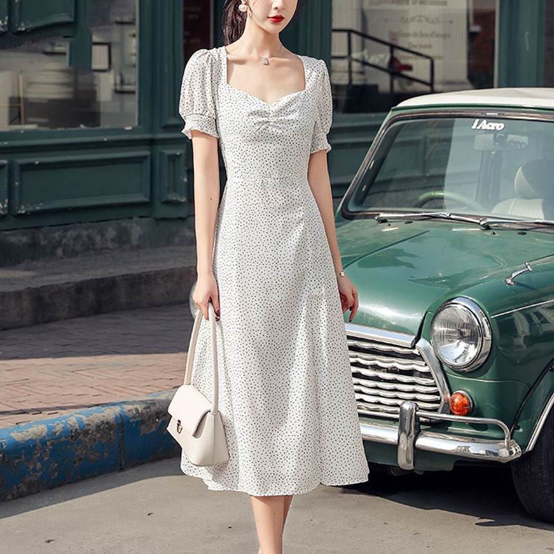 White Polka Dot High Waist Summer Dress Fashion Split Midi Long Elegant Woman Party Square Collar es 13278 210510