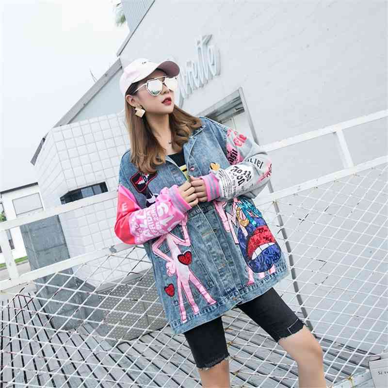 Women Contrast Color Blocked Long Sleeve Cardigan Plus Size Loose Cartoon Sequins Denim Coat Turn Down Collar Bomber Jacket 210515