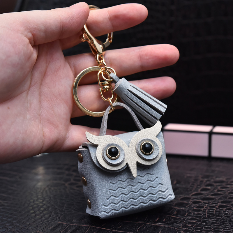 Cute Mini Ladies Leather Bag Keychain Owl Coin Purse Earphone Bag Car Key Charm Luggage Pendant Gift for Girlfriend Keyfob