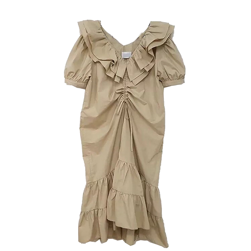 Elegant Korean Solid Casual Women Dress Ruffled Collar Puff Sleeve Ruched Mermaid Midi Dresses Loose Fashion Summer 210506