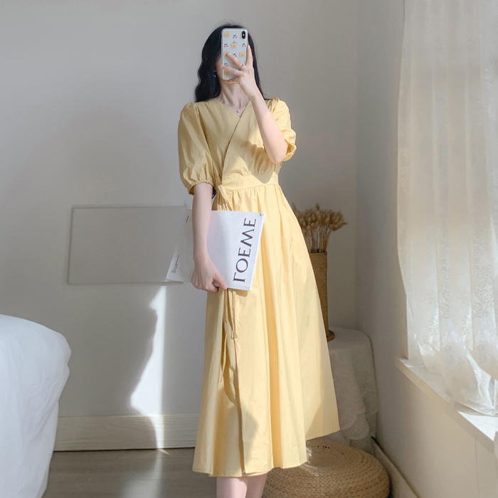 Women's Summer V-Neck Puff Sleeve A-Line Dresses Vintage Elegant Office OL Lace Up Casual Slim Long Dress Vestidos 210519