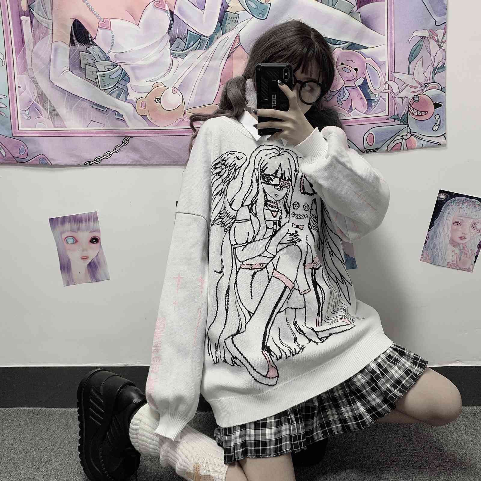 Harajuku Cartoon Sweater Women Loose Knitted Pullover Sweaters Streetwear Jumpers Kawaii Top Pull Femme 210422