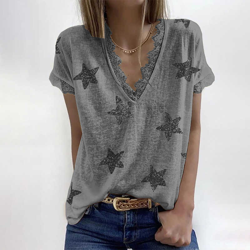 Lace Patchwork Deep V Neck Short Sleeve T Shirt Women Stars Printing Casual Loose Plus Size Streetwear Tops Tee Shirts 210603