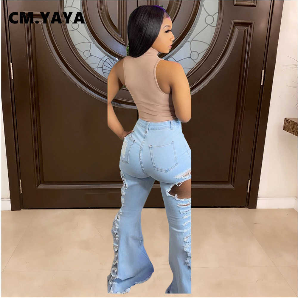 CMYAYA Women Jeans Mid Waist Ripped Elastic Sheath Full Length Denim Flare Pants Female Fashion Casual Trousers Summer 210922