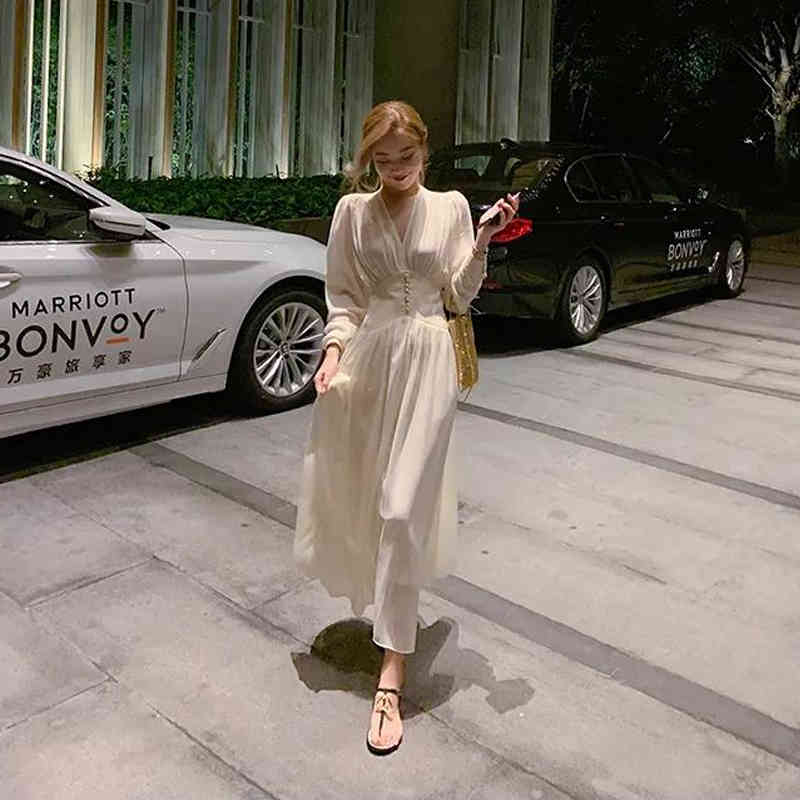 Office Lady V-neck Loose Midi Dresses Elegant Sexy Women White Long Sleeve Party Autumn Clothing Female 12097 210506